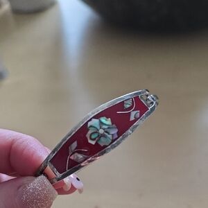 Red Floral Inlay Silver Bracelet